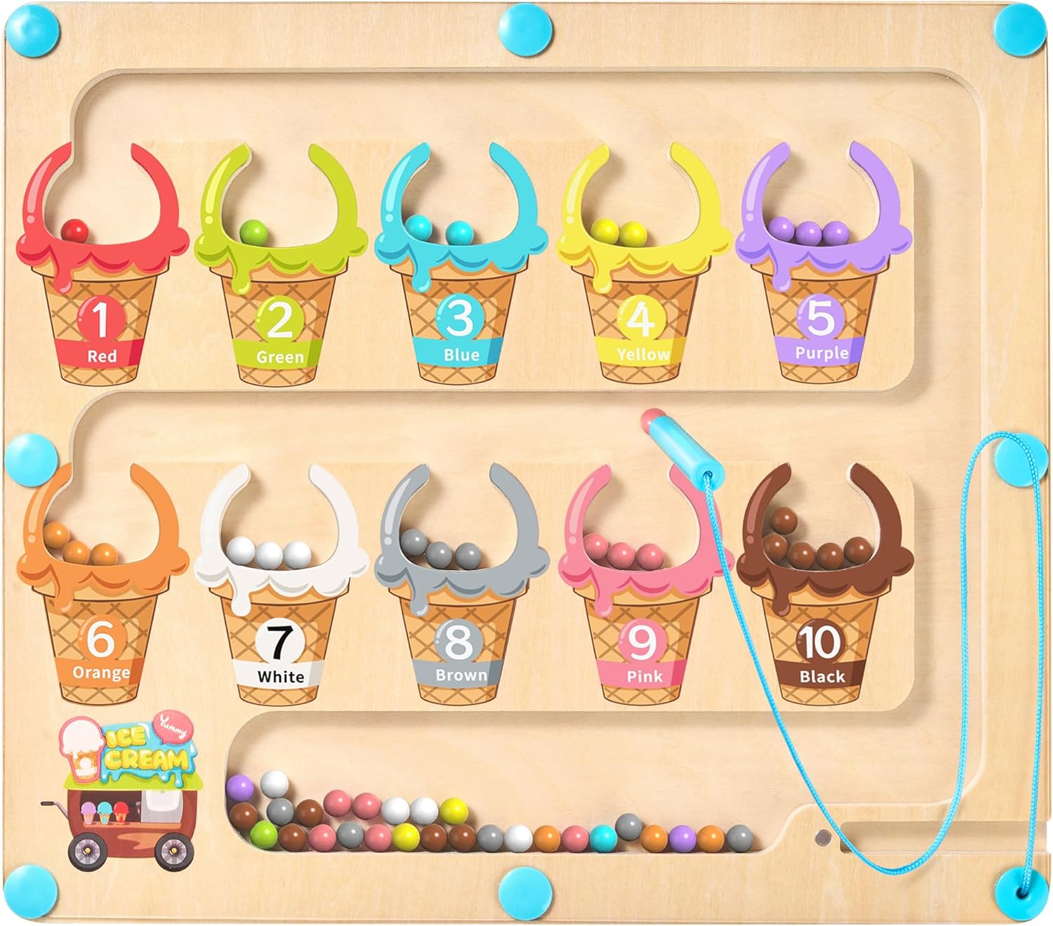 Wooden Magnetic Color & Number Maze Board – Gumball Machine Counting Toy (55 Beads) for Toddlers