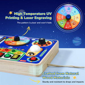 Busy Board with Led Light, Wooden Sensory Toys with Music, Light Switch Board