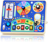 Wooden Montessori Busy Board – Light Switch Sensory Toy with 24 LEDs, Music & Spin Dial