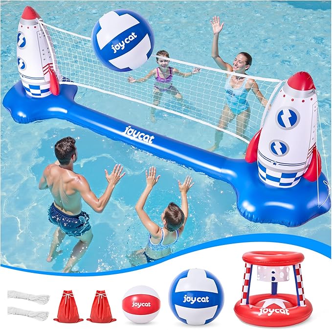 JoyCat Inflatable Pool Floats Toys Set,125 Inch Volleyball Net & Basketball Hoop