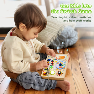 Busy Board with Led Light, Wooden Sensory Toys with Music, Light Switch Board