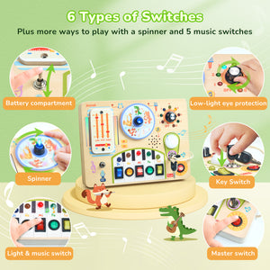 Busy Board with Led Light, Wooden Sensory Toys with Music, Light Switch Board